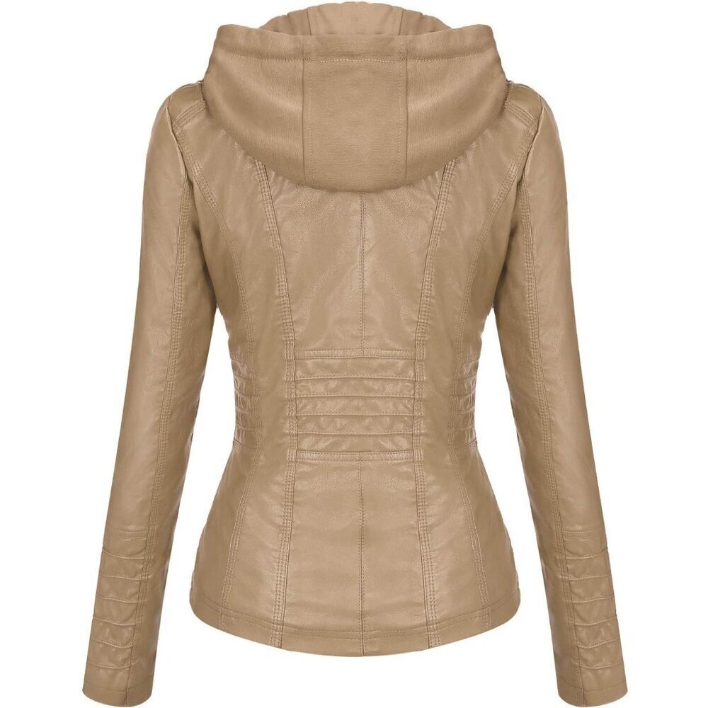 Women's Apricot Hooded Moto Biker Outerwear Fall Fashion Faux Leather Jacket - Picture 4 of 5